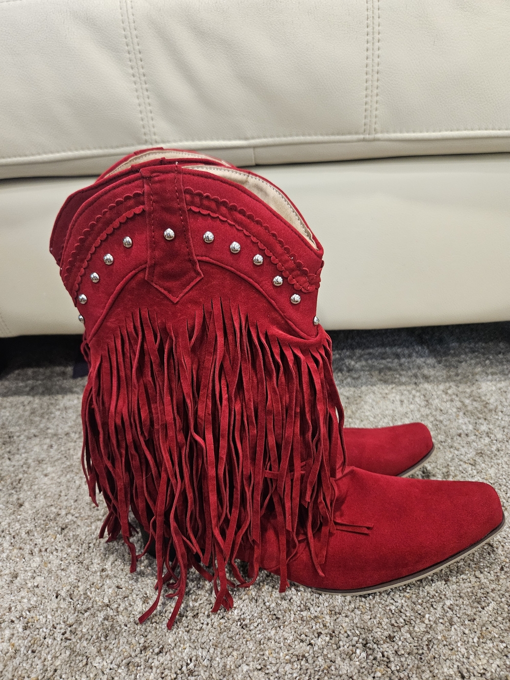 NEW Red Fringe Suede Western Booties - Women. Smoke Pet Free Home